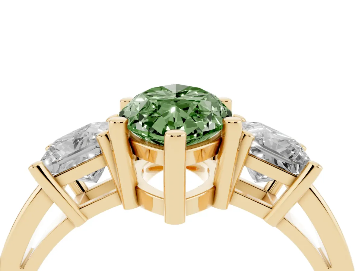 Fancy Green Three-Stone Marquise Cut Cut Solitaire Ring with Prong Setting Yellow gold
