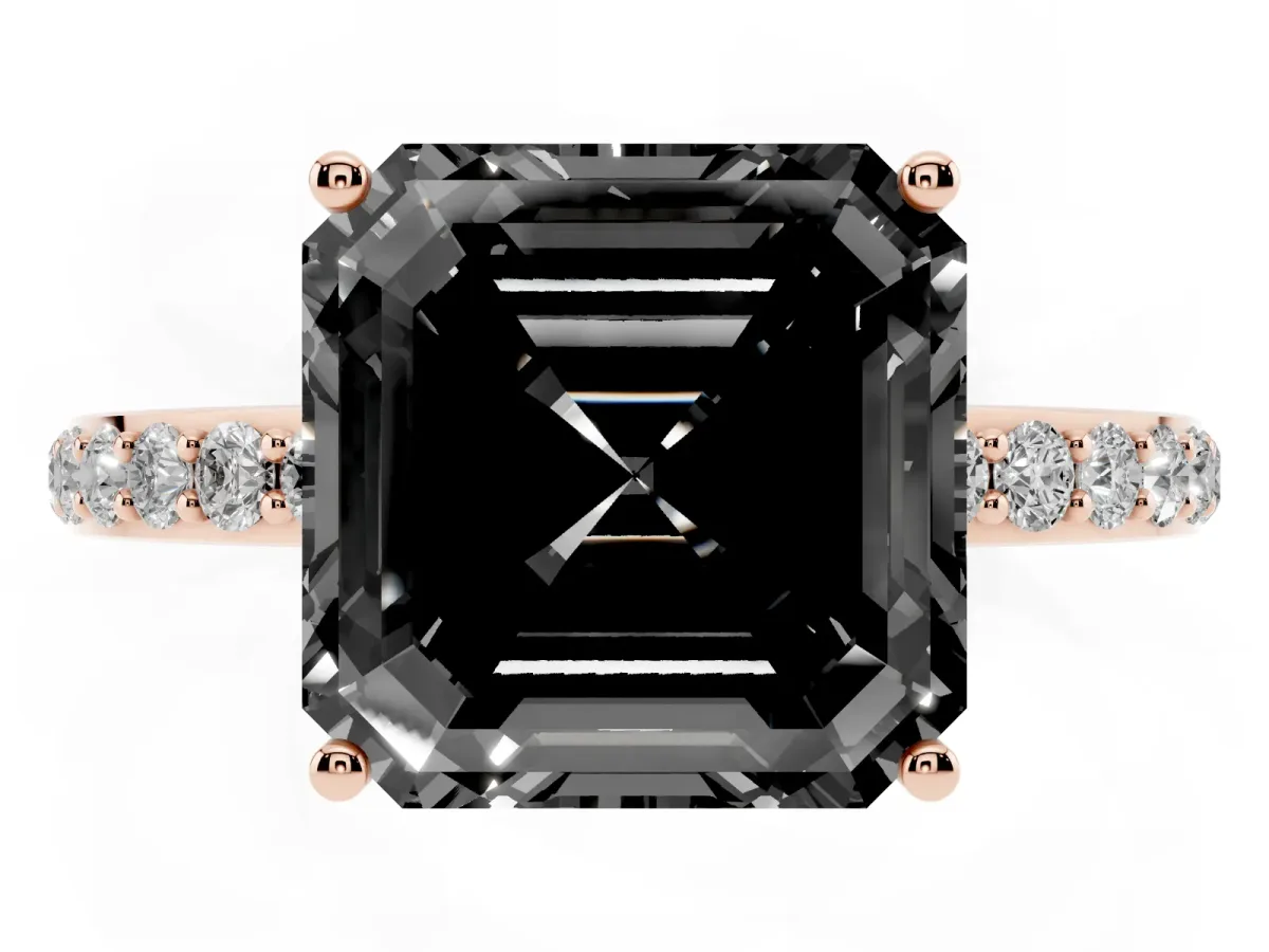 Fancy Black Asscher Cut Diamond Solitaire Ring with Pavé Band and Hidden Halo Rose gold
