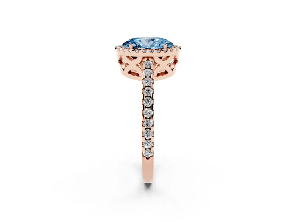 Fancy Blue Oval Cut Diamond Halo Engagement Ring with Pavé Band and Prong Setting Rose gold