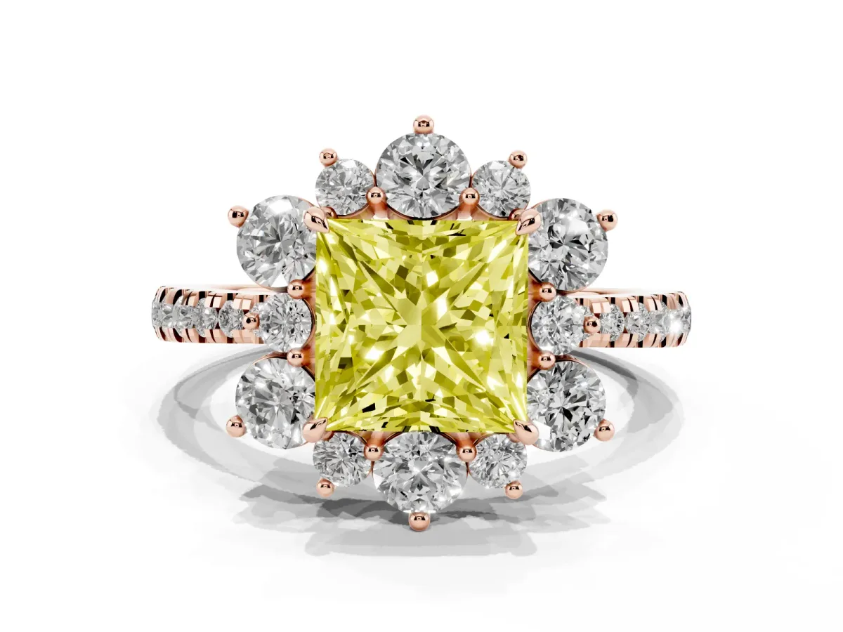 Fancy Yellow Princess Cut Diamond Floral Halo Ring with Round Pavé Band and Prong Setting Rose gold