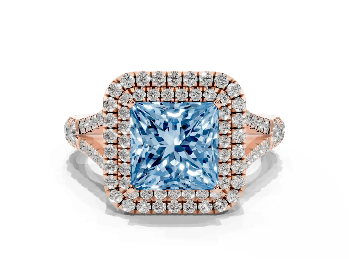 Fancy Blue Princess Cut Diamond Double Halo Ring with Split Shank and Prong Setting Rose gold