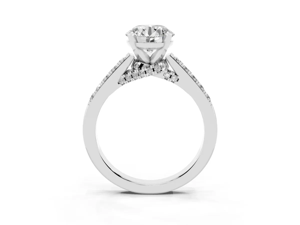 Round Cut Diamond Solitaire Ring with Crossover Gallery and Round Pavé Band Platinum