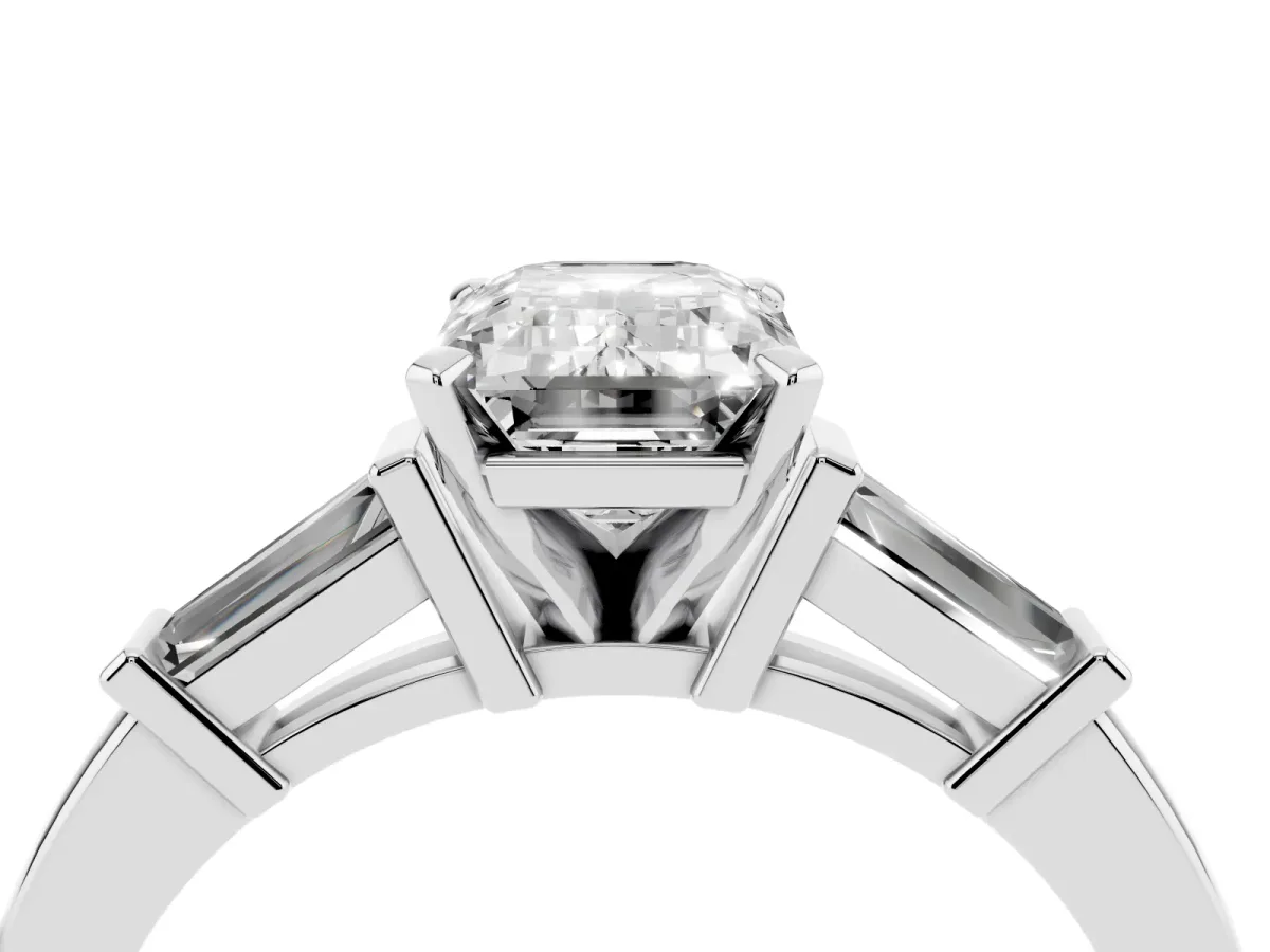 Emerald Cut Cut Diamond Solitaire Ring with Tapered Baguette Accents and Four-Prong Setting Silver