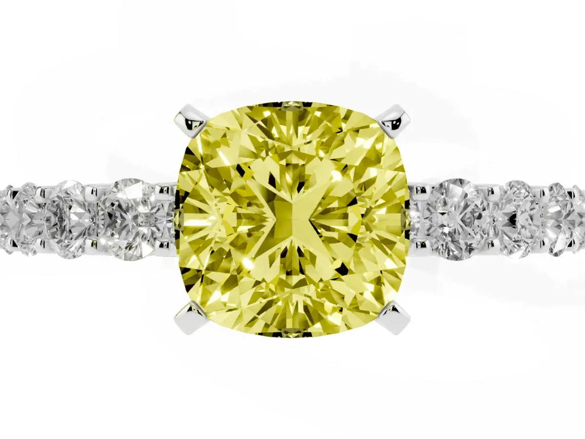Fancy Yellow Cushion Cut Diamond Solitaire Ring with Shared Prong Pavé Band and Four-Prong Setting Silver
