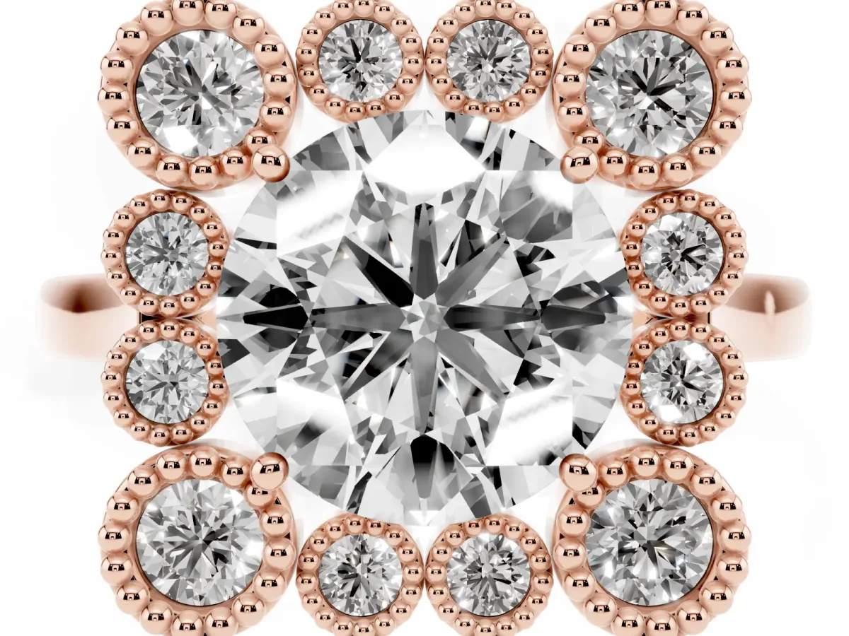 Round Cut Halo Diamond Cluster Engagement Ring with Milgrain Bezel Setting and Solitaire Band Rose gold