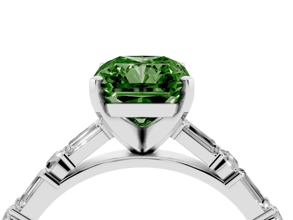 Fancy Green Radiant Cut Diamond Solitaire with Side Baguettes and Channel Set Band Silver