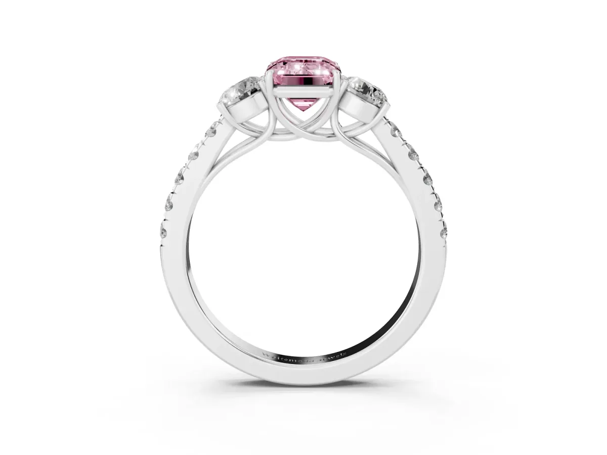 Fancy Pink Emerald Cut Cut Diamond Three-Stone Ring with Round Side Stones and Pavé Band Silver