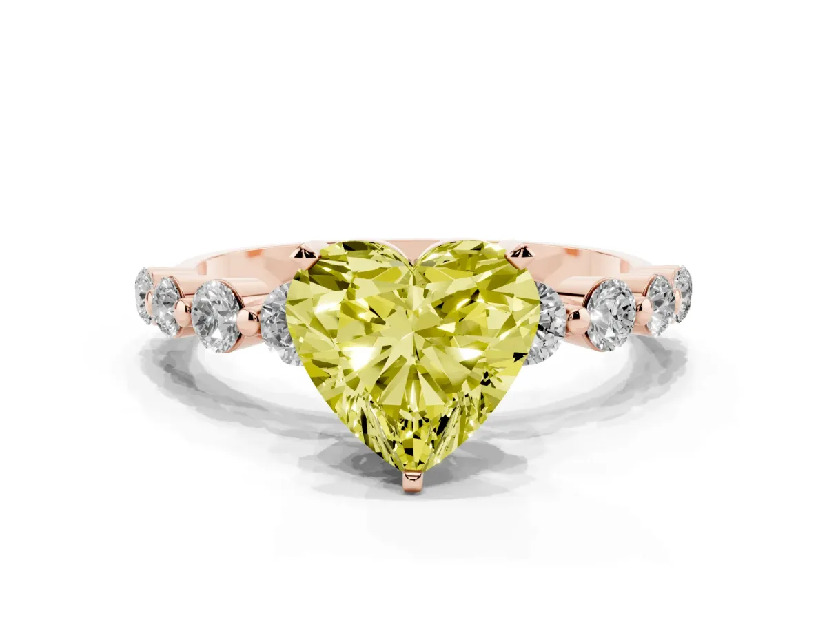 Fancy Yellow Heart Cut Solitaire Diamond Ring with Pave Band and Four-Prong Setting Rose gold
