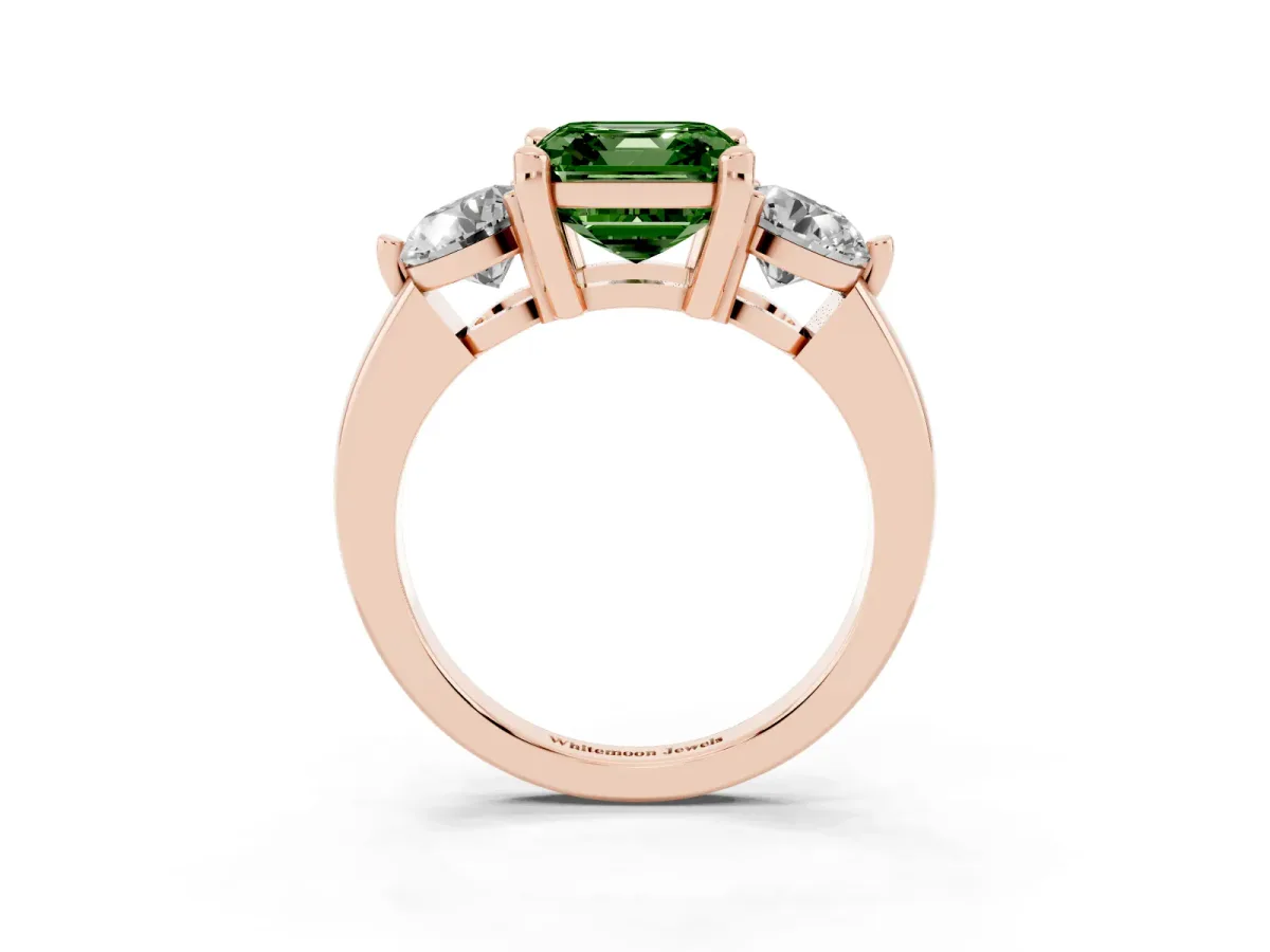 Fancy Green Three-Stone Asscher Cut Brilliant Cut Solitaire Ring with Prong Setting on a Classic Band Rose gold