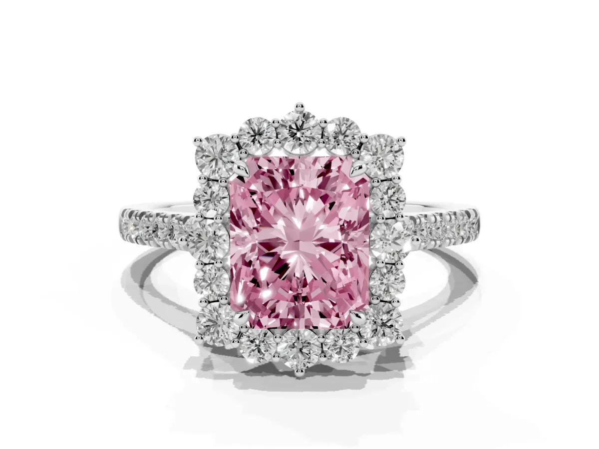 Fancy Pink Radiant Cut Halo Diamond Ring with Pavé Band and Prong Setting Silver