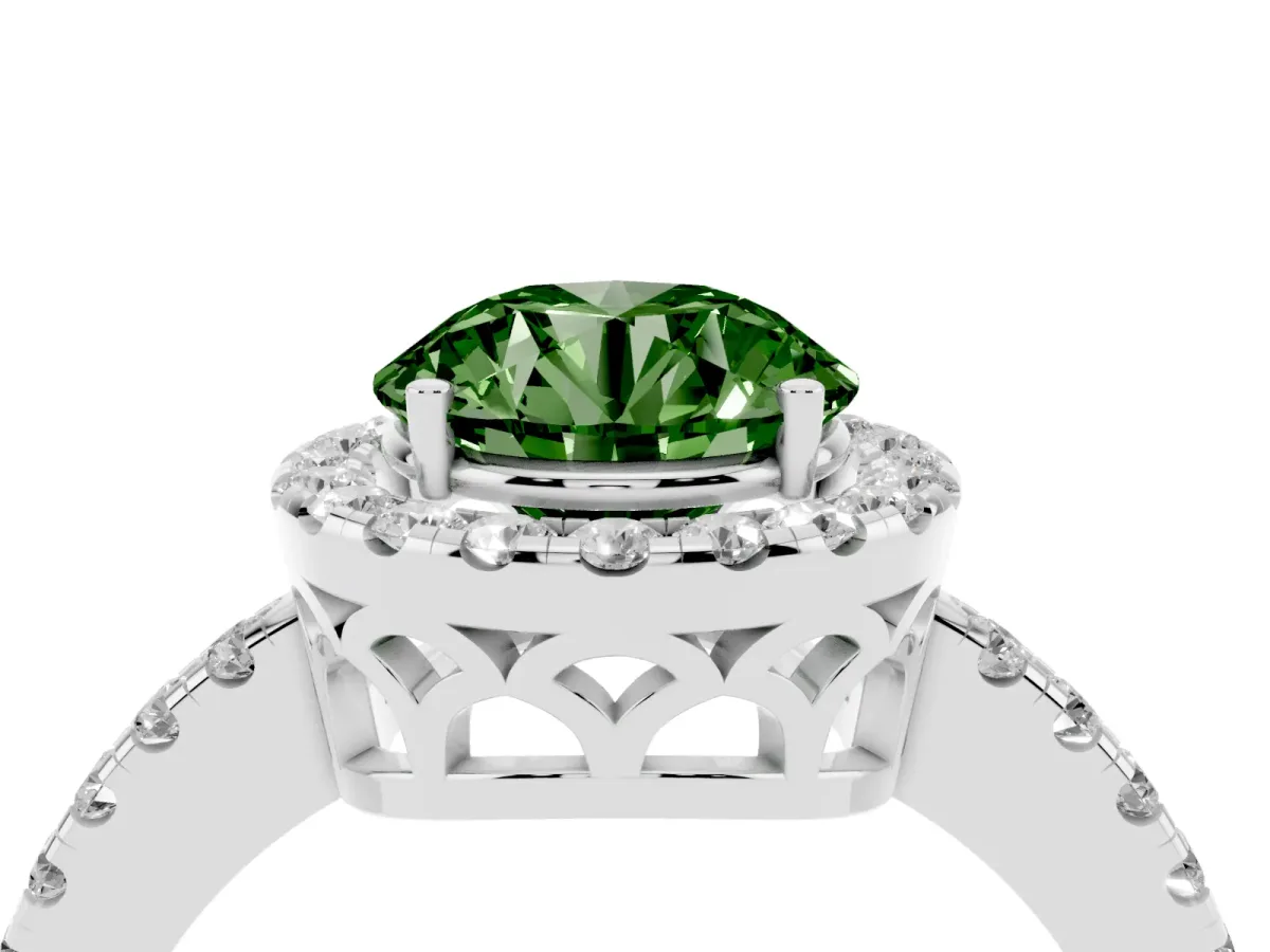 Fancy Green Round Cut Halo Diamond Engagement Ring with Pavé Band and Four-Prong Setting Platinum
