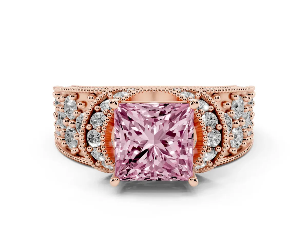 Fancy Pink Princess Cut Halo Pave Diamond Engagement Ring with Milgrain Detailing Rose gold