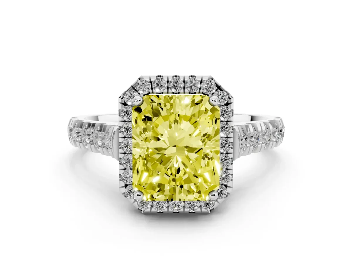 Fancy Yellow Radiant Cut Halo Pavé Diamond Engagement Ring with Four-Prong Setting Platinum