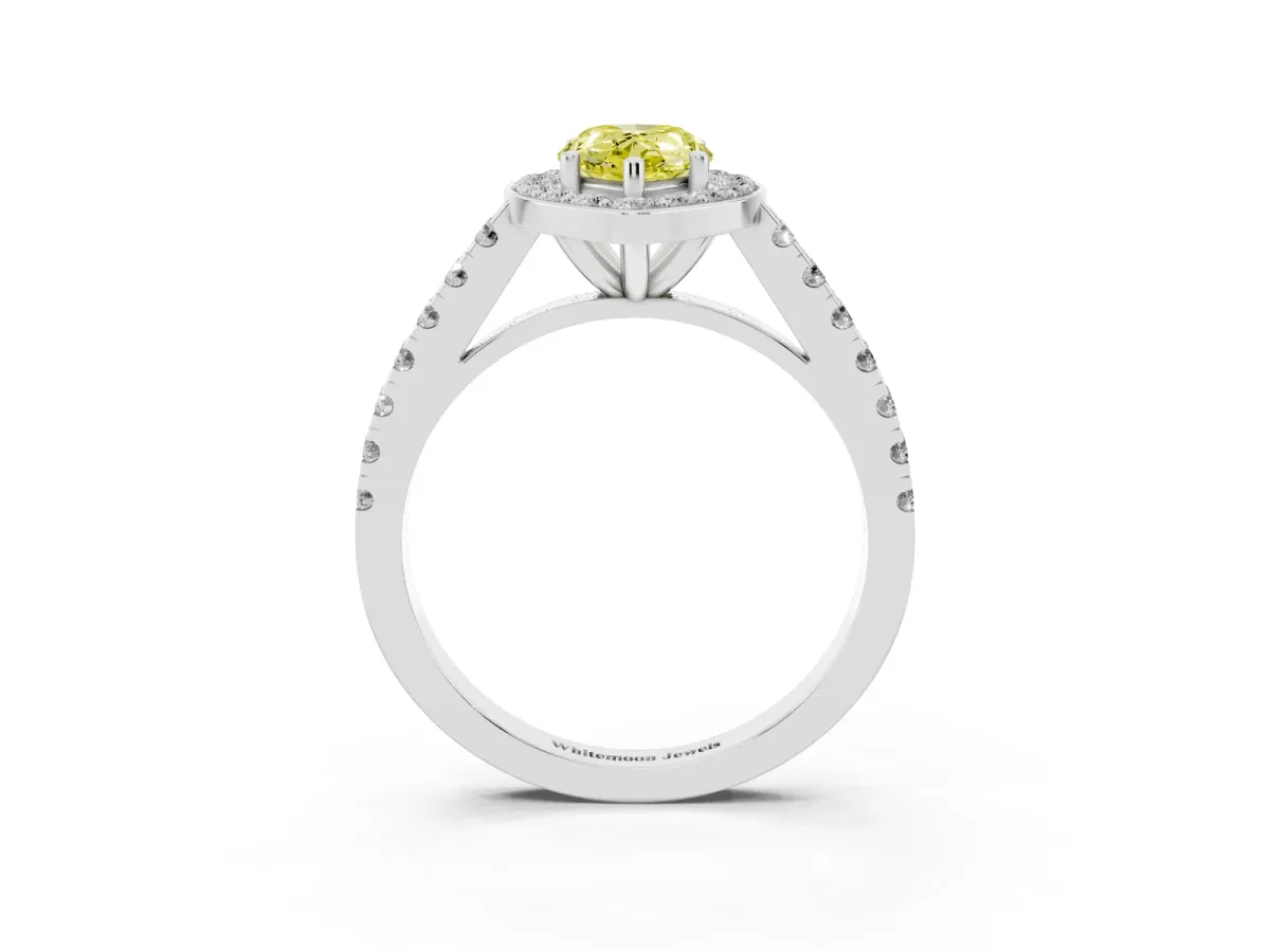 Fancy Yellow Pear Cut Diamond Halo Ring with Round Pavé Split Shank and Prong Setting Silver
