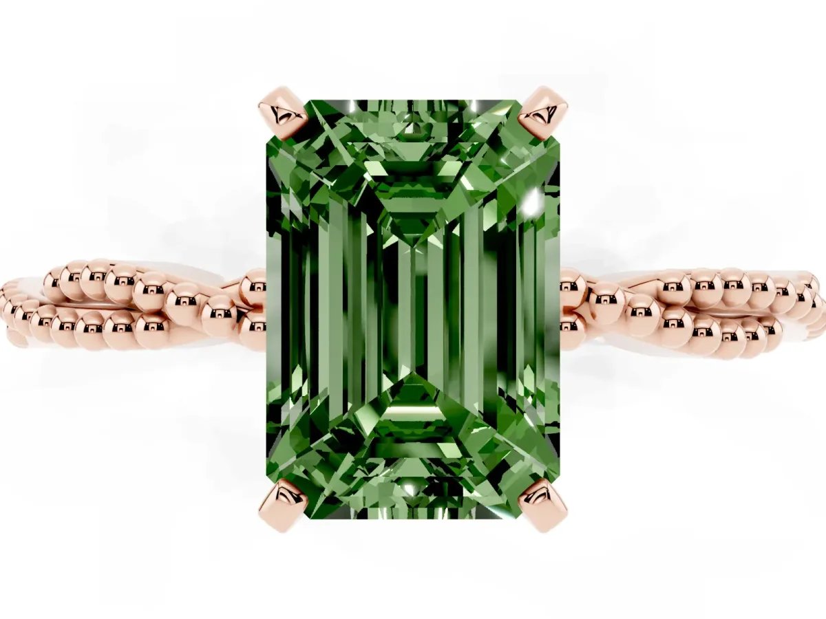 Fancy Green Emerald Cut Solitaire Twisted Band with Bead Prong Setting Rose gold