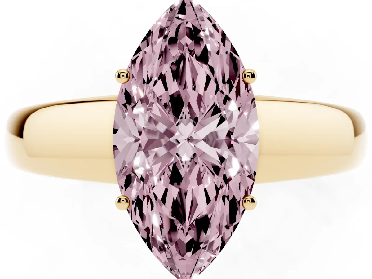 Fancy Pink Marquise Cut Solitaire Diamond Ring with Tapered Band and Four-Prong Setting Yellow gold