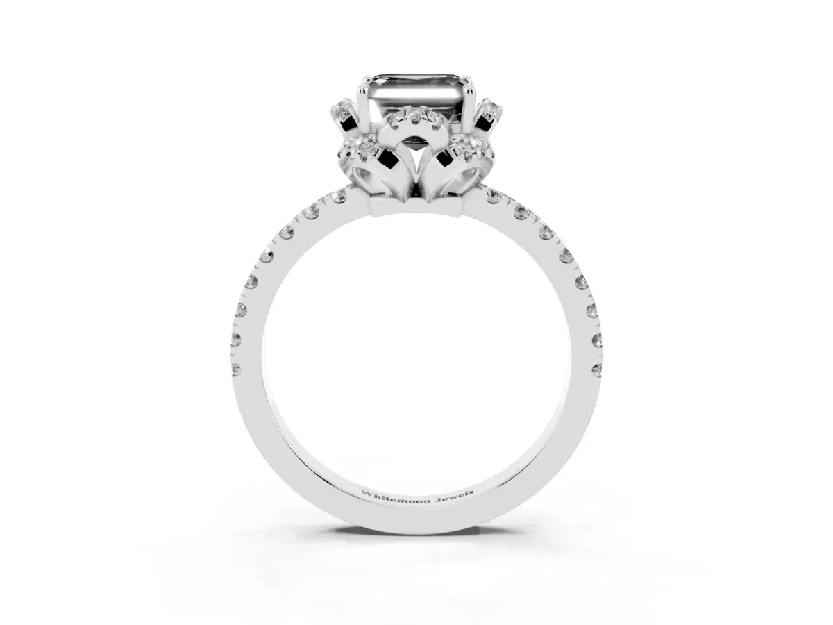 Fancy Black Asscher Cut Diamond Halo Pave Band with Four-Prong Setting Silver