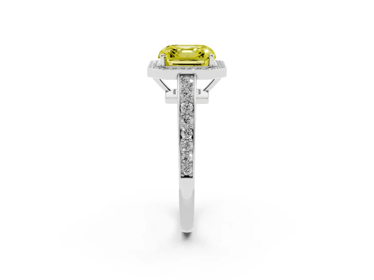 Fancy Yellow Asscher Cut Halo Pavé Diamond Engagement Ring with Bezel Setting Silver