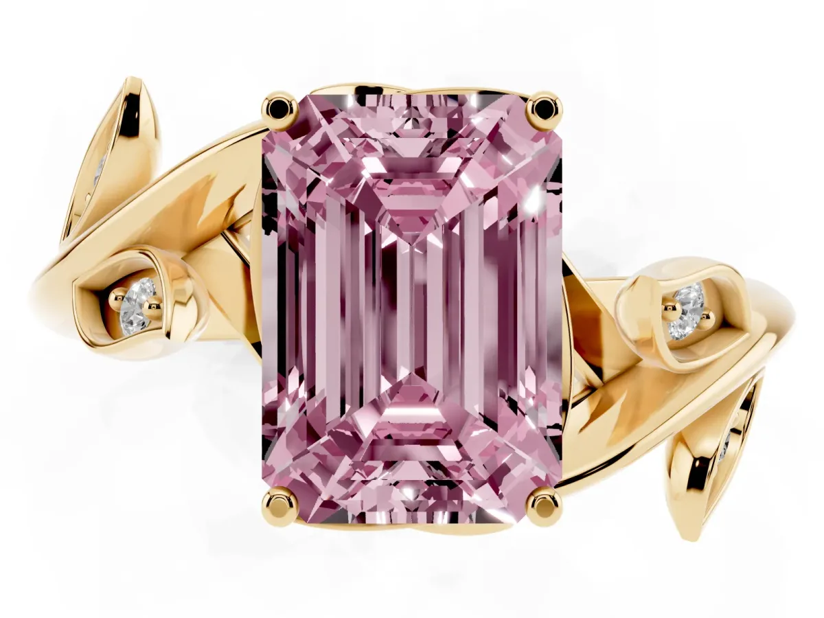 Fancy Pink Emerald Cut Solitaire Twist Engagement Ring with Leaf Accents and Prong Setting Yellow gold