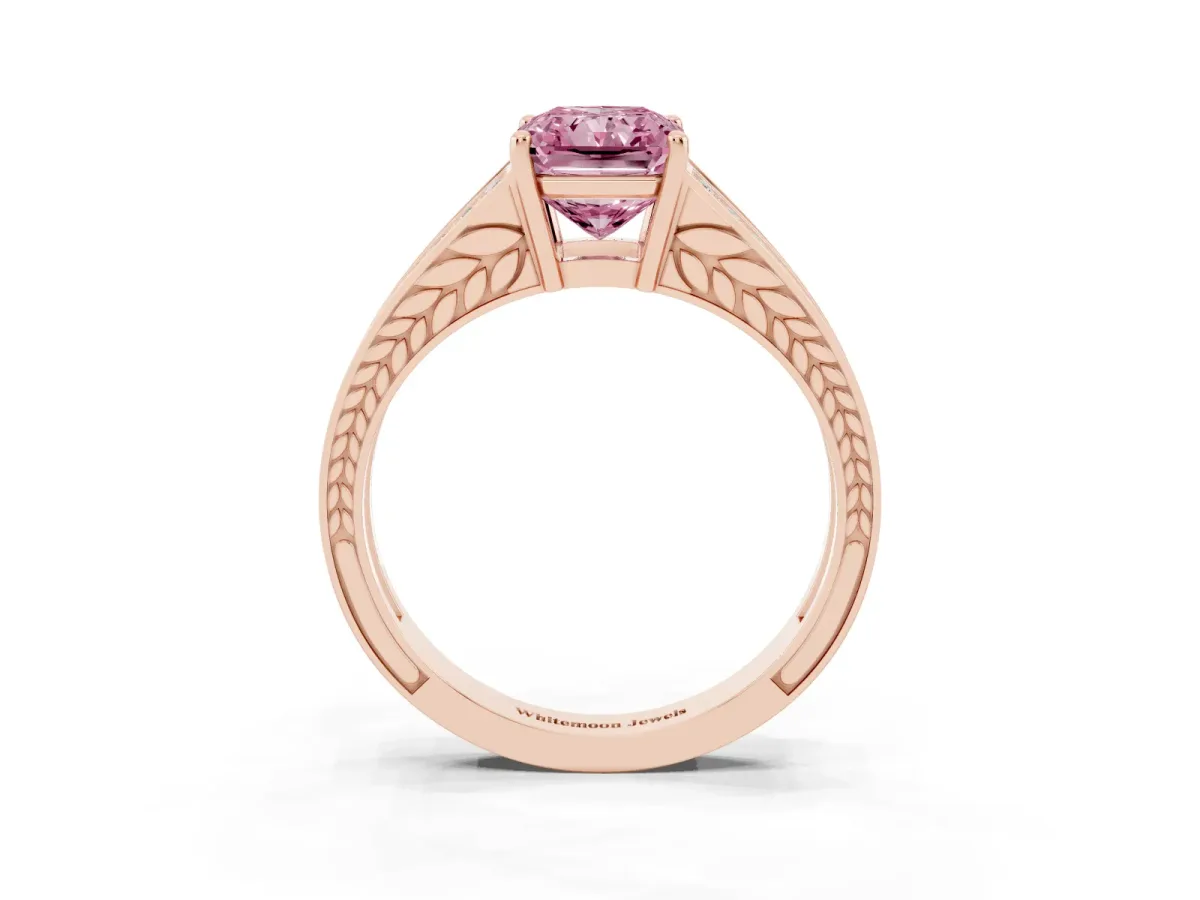 Fancy Pink Radiant Cut Diamond Split Shank Ring with Pavé Band and Four-Prong Setting Rose gold