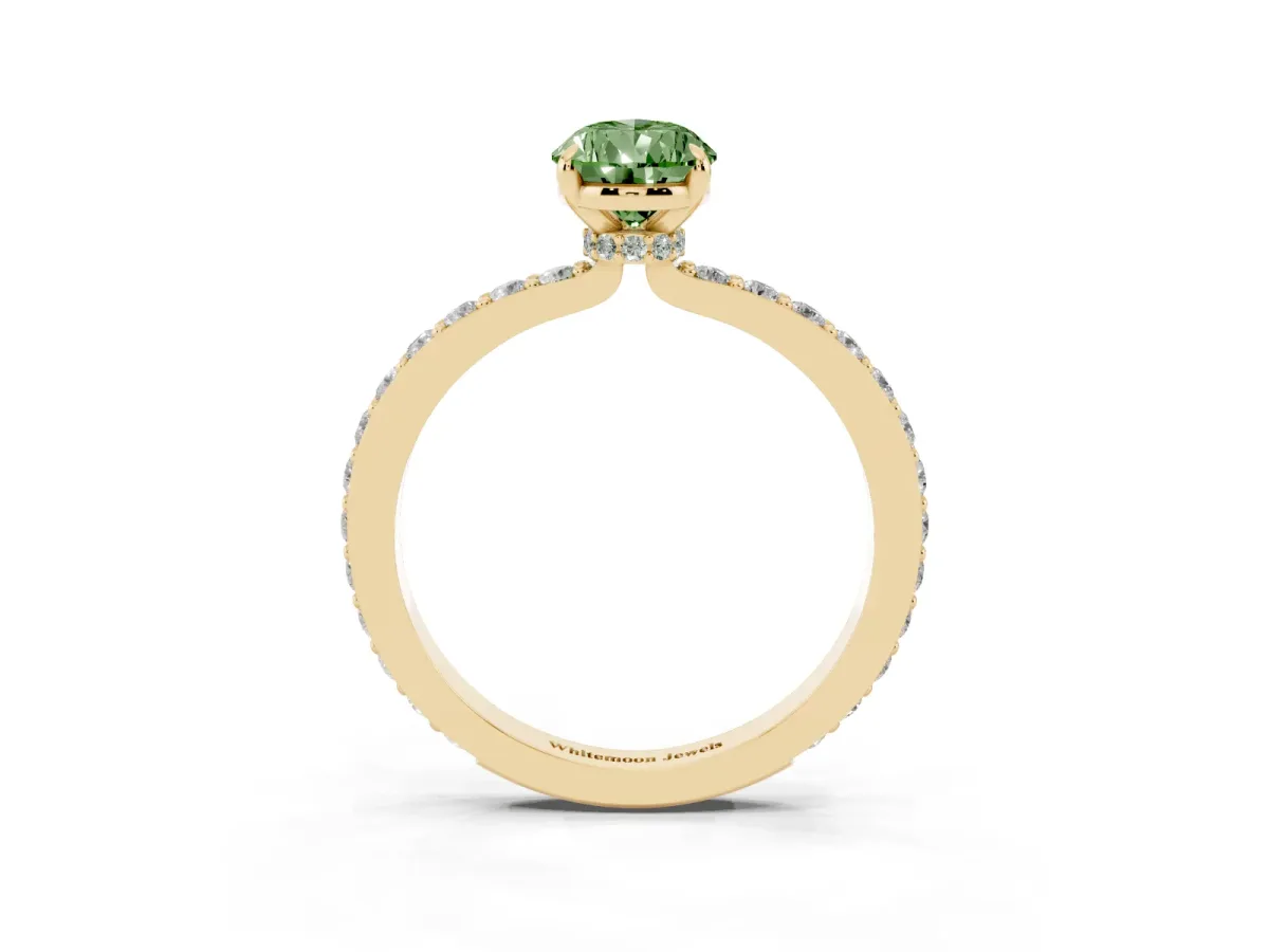 Fancy Green Pear Cut Diamond Pavé Engagement Ring with Round Accents and Prong Setting Yellow gold