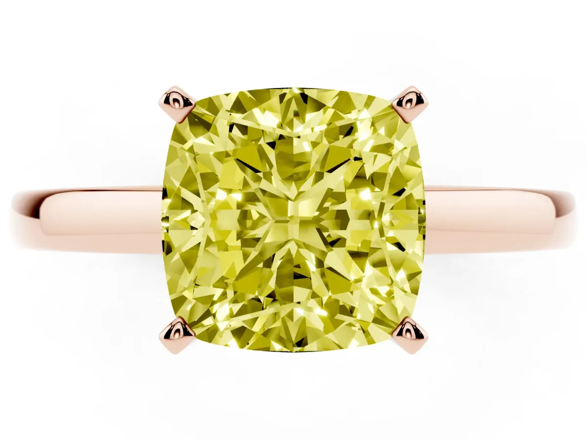 Fancy Yellow Cushion Cut Solitaire Diamond Engagement Ring with Four-Prong Setting on a Classic Band Rose gold