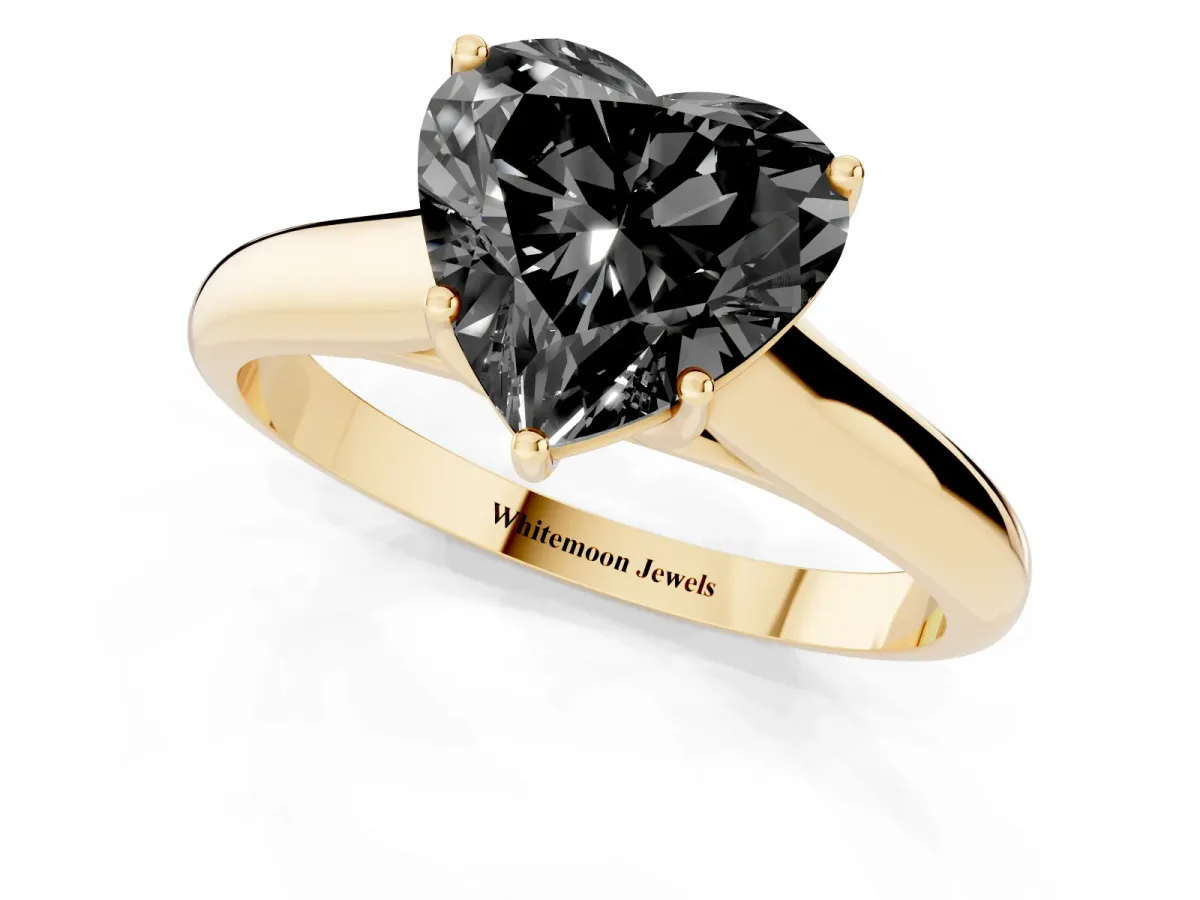 Fancy Black Heart Cut Cut Diamond Solitaire Engagement Ring with Tapered Plain Band and Four-Prong Setting Yellow gold