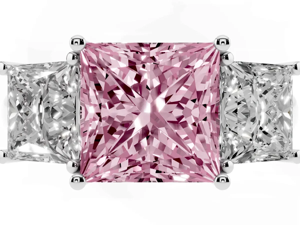 Fancy Pink Three-Stone Princess Cut Diamond Engagement Ring with Prong Setting White gold