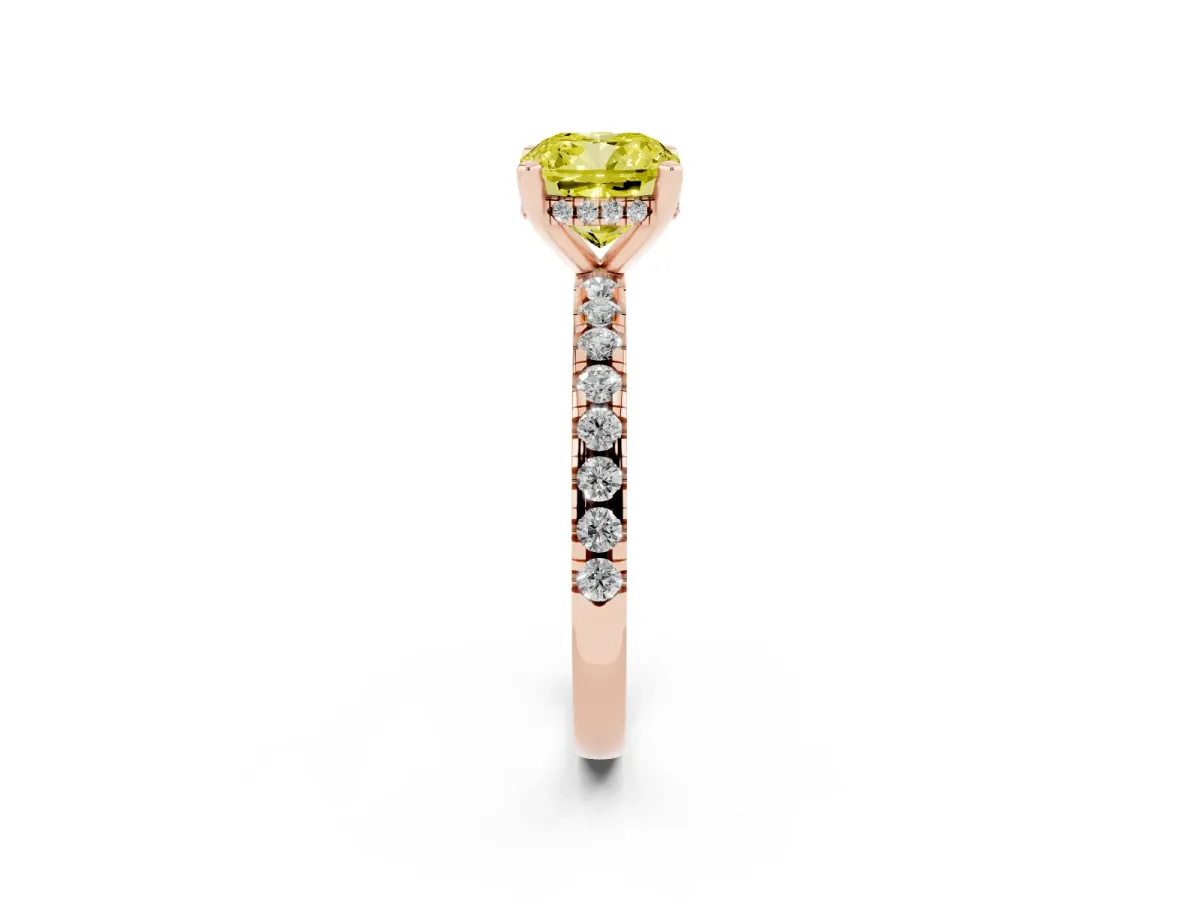 Fancy Yellow Cushion Cut Diamond Solitaire Ring with Round Pavé Band and Four-Prong Setting Rose gold