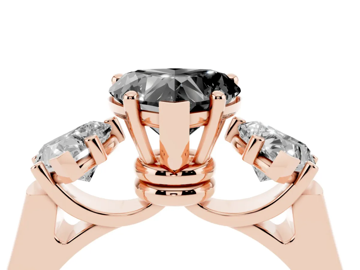Fancy Black Three-Stone Heart Cut Brilliant Diamond Trellis Ring with Comfort Fit Band Rose gold