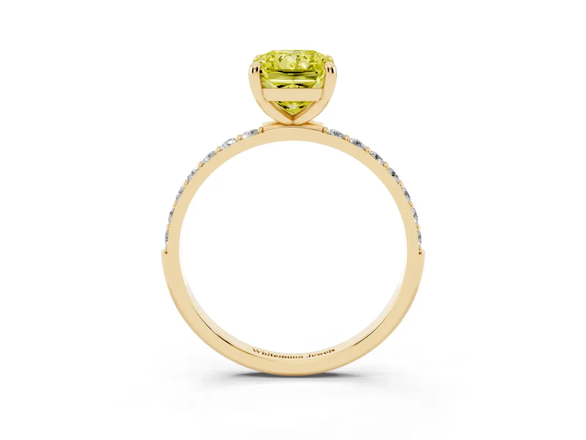 Fancy Yellow Radiant Cut Diamond Solitaire Ring with Round Pavé Band and Prong Setting Yellow gold