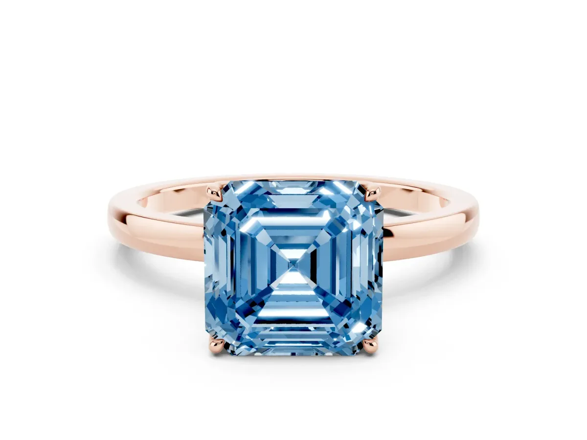 Fancy Blue Asscher Cut Diamond Solitaire Ring with Thin Band and Prong Setting Rose gold