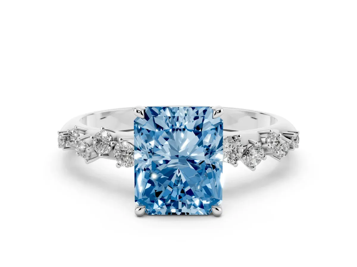 Fancy Blue Radiant Cut Diamond Cluster Side Stone Solitaire Ring with Prong Setting Silver