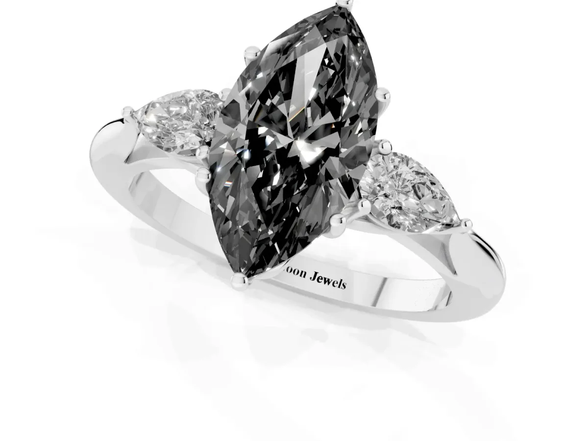 Fancy Black Marquise Cut Diamond Three-Stone Ring with Pear Side Stones and Prong Setting Platinum