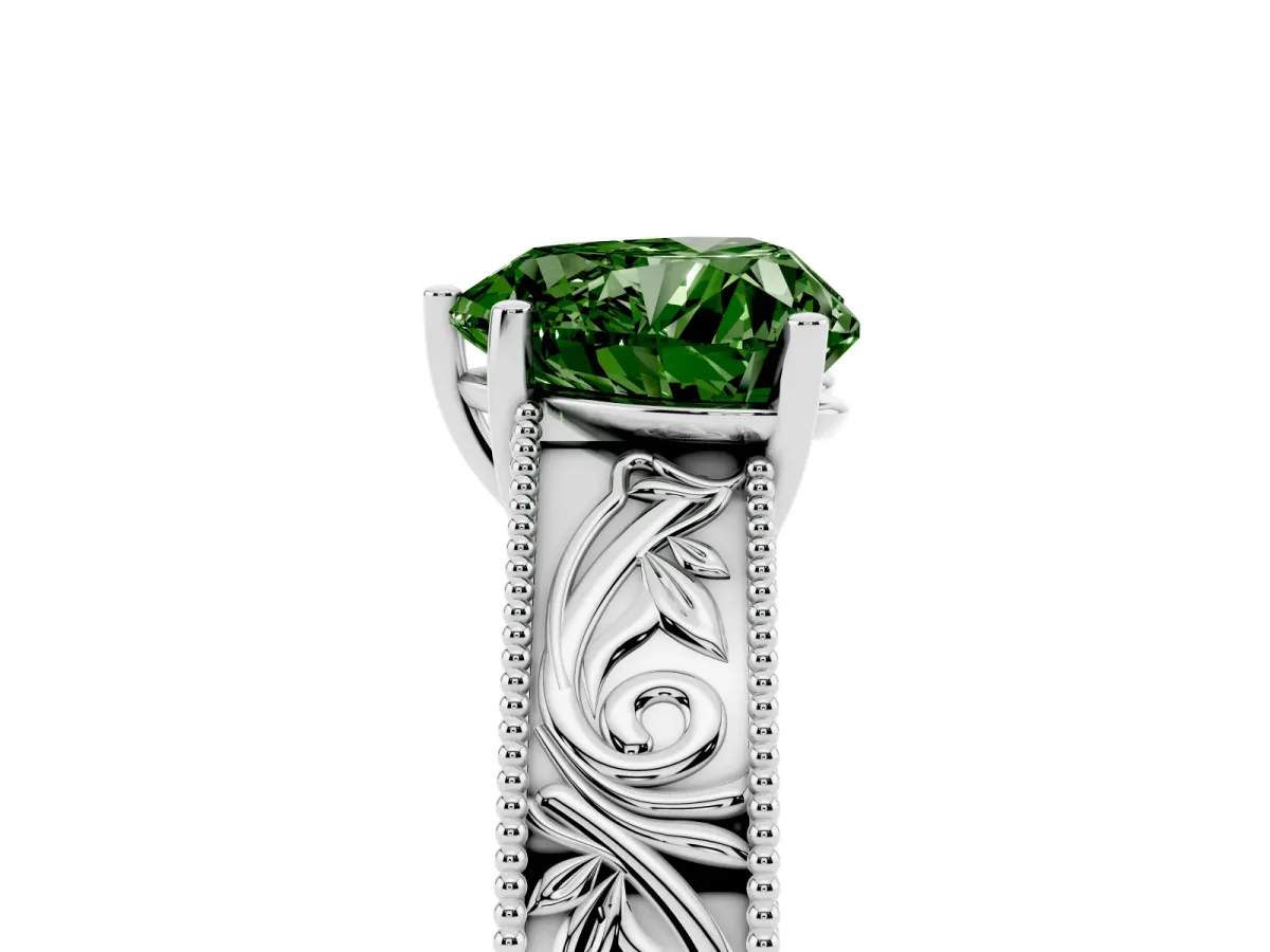 Fancy Green Heart Cut Diamond Solitaire Ring with Engraved Band and Four-Prong Setting Silver