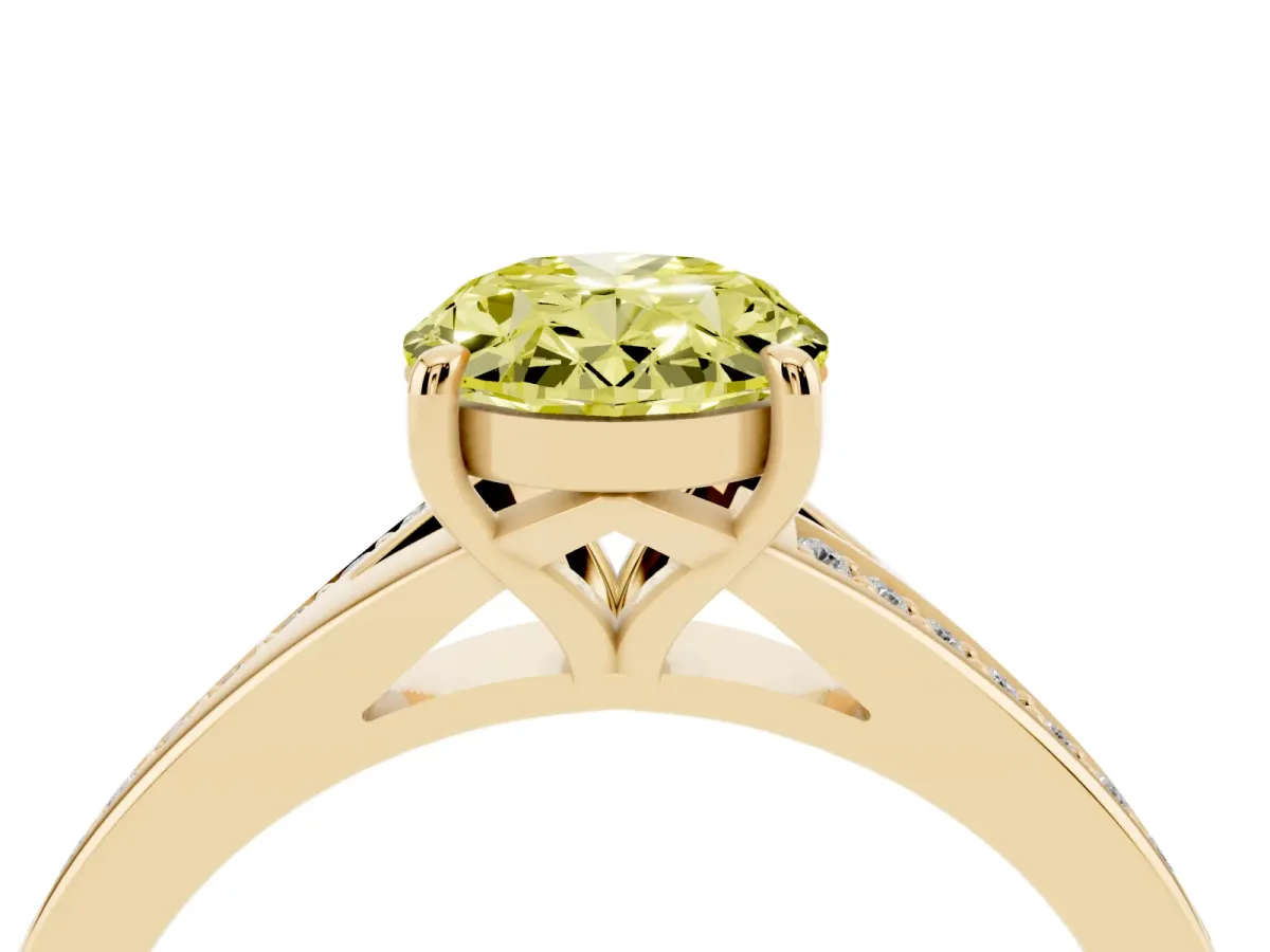 Fancy Yellow Oval Cut Diamond Solitaire Ring with Pavé Band and Prong Setting Yellow gold