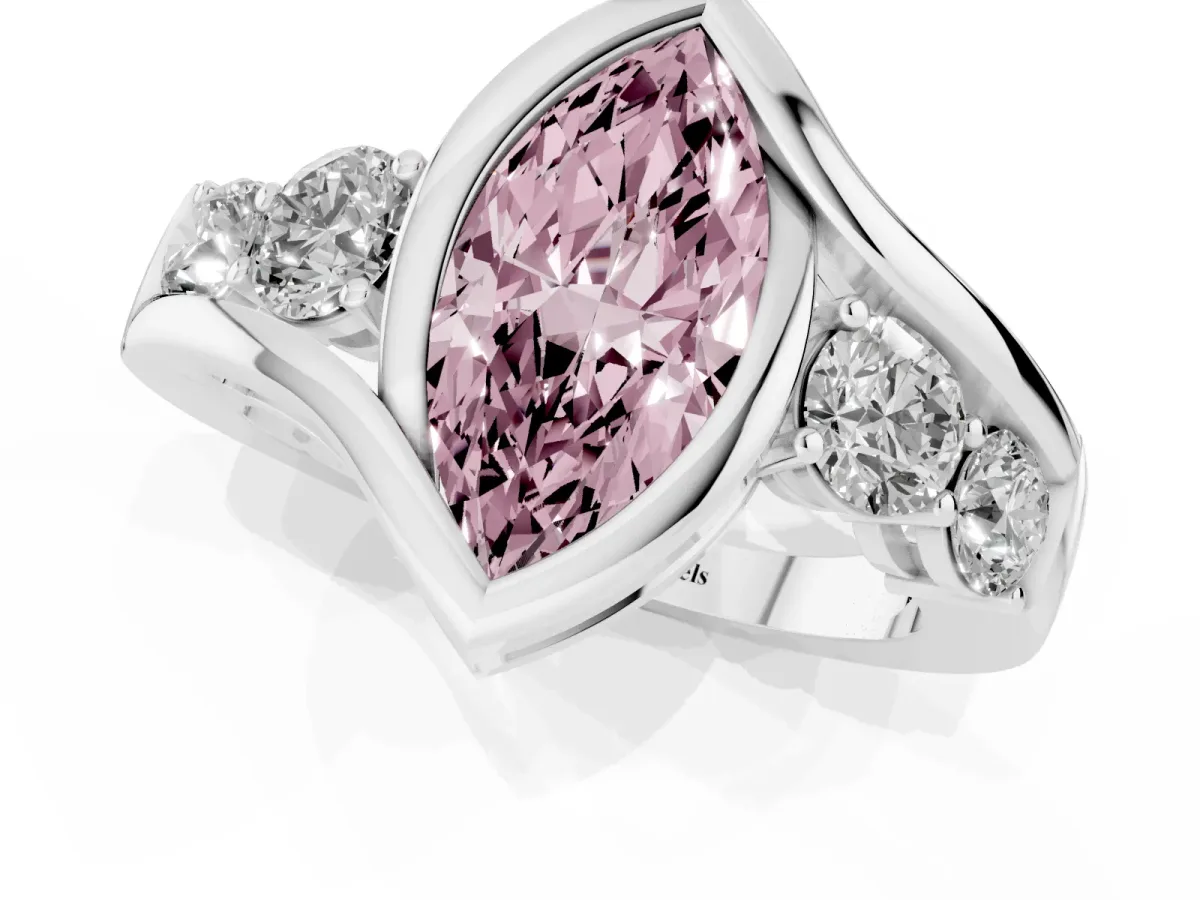 Fancy Pink Bezel Set Marquise Cut Diamond Bypass Ring with Round Accents Silver
