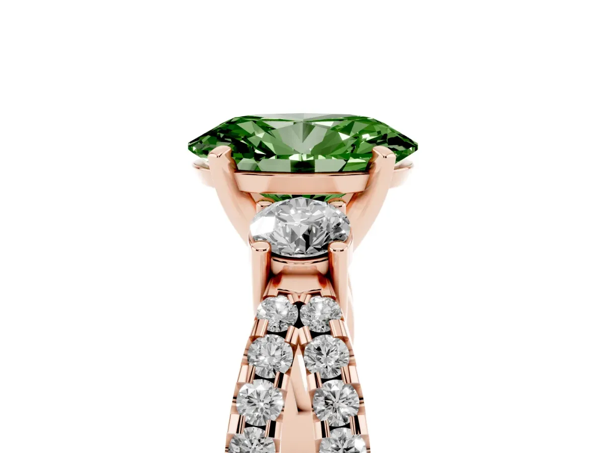 Fancy Green Oval Cut Diamond Three-Stone Ring with Pavé Split Shank and Four-Prong Setting Rose gold