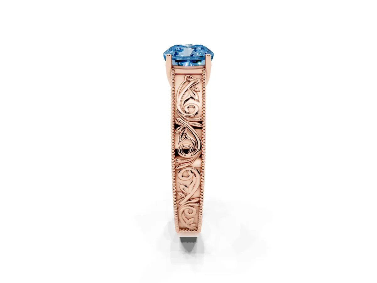 Fancy Blue Cushion Cut Diamond Solitaire Ring with Engraved Band and Four-Prong Setting Rose gold