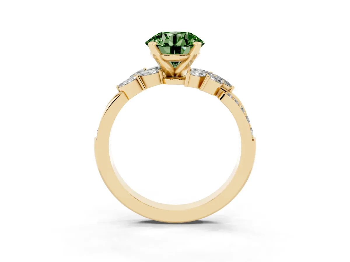 Fancy Green Round Cut Solitaire Marquise Twist Band with Six-Prong Setting Yellow gold