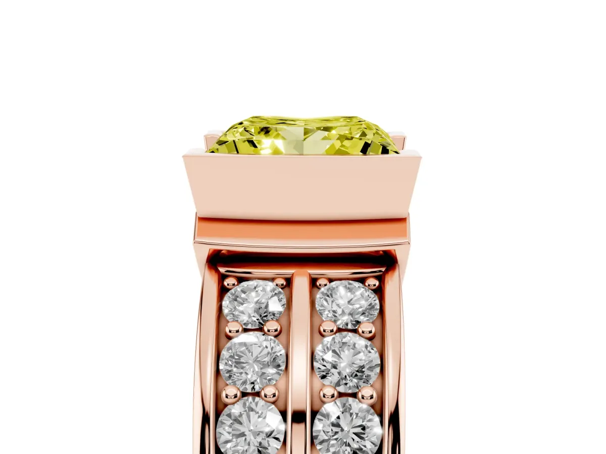 Fancy Yellow Princess Cut Brilliant Diamond Channel Set Wide Band Ring with Bezel Setting Rose gold
