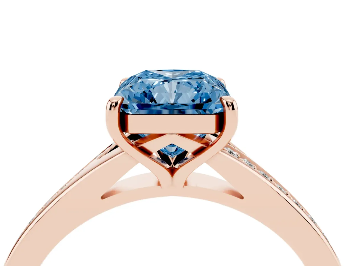 Fancy Blue Radiant Cut Diamond Solitaire Ring with Pavé Band and Prong Setting Rose gold