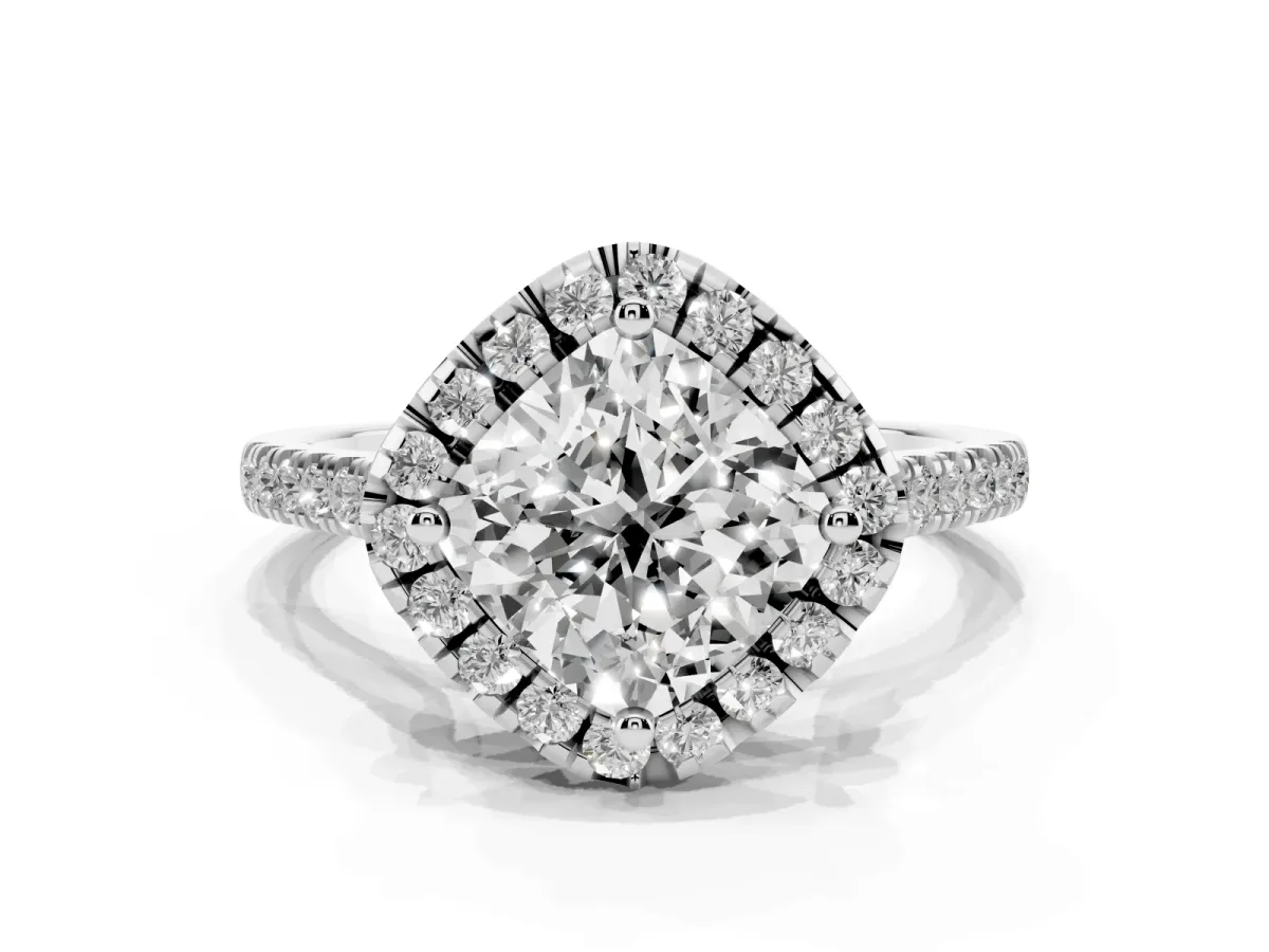 Cushion Cut Diamond Cushion Halo Ring with Pavé Band Silver