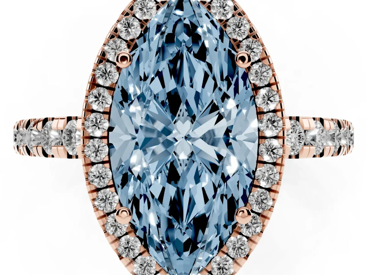 Fancy Blue Marquise Cut Diamond Halo Ring with Pavé Band and Four-Prong Setting Rose gold