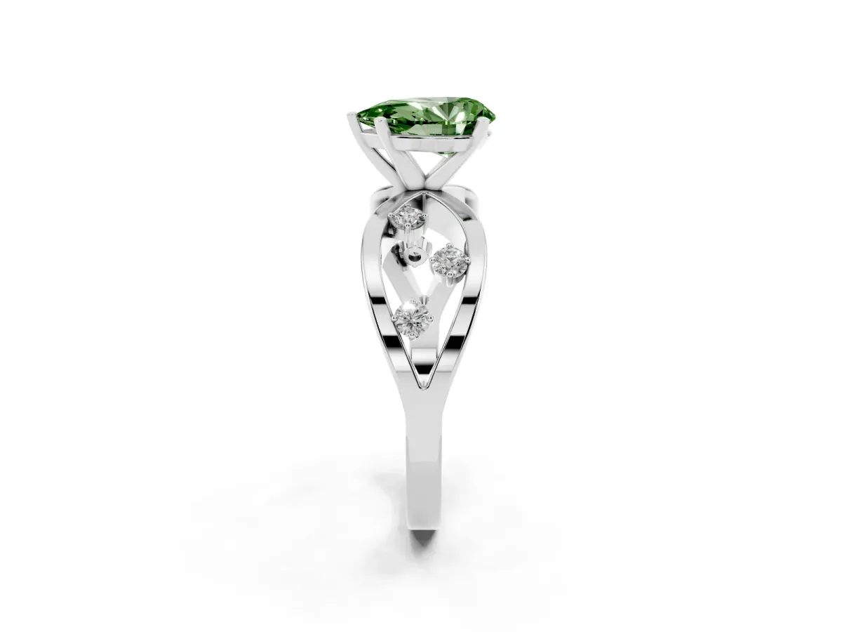 Fancy Green Pear Cut Cut Solitaire Diamond with Side Stones on Criss-Cross Band and Four-Prong Setting Silver