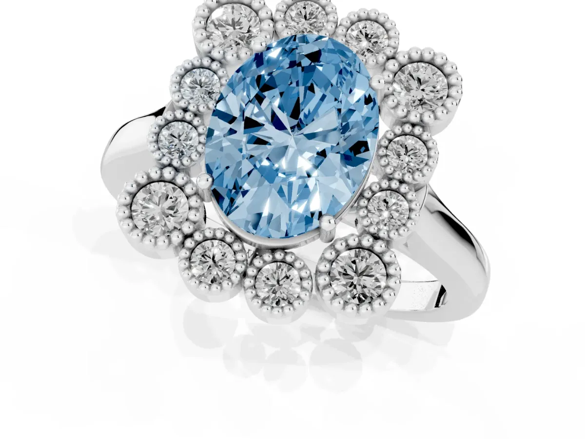 Fancy Blue Oval Cut Halo Diamond Cluster Engagement Ring with Milgrain Bezel Setting and Solitaire Band White gold