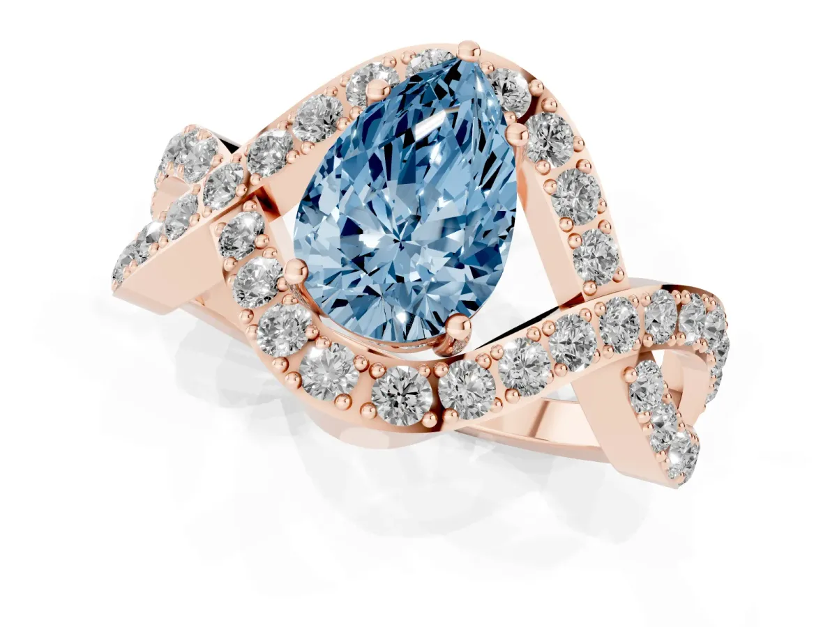 Fancy Blue Pear Cut Solitaire Twist Band Pavé Diamond Engagement Ring Rose gold