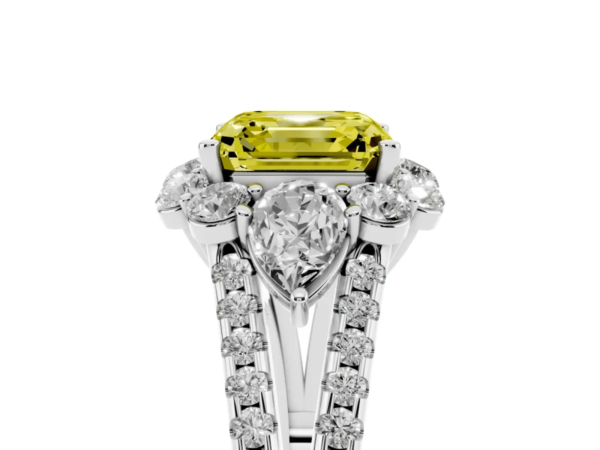 Fancy Yellow Asscher Cut Halo Split Shank Diamond Engagement Ring with Prong Setting Platinum