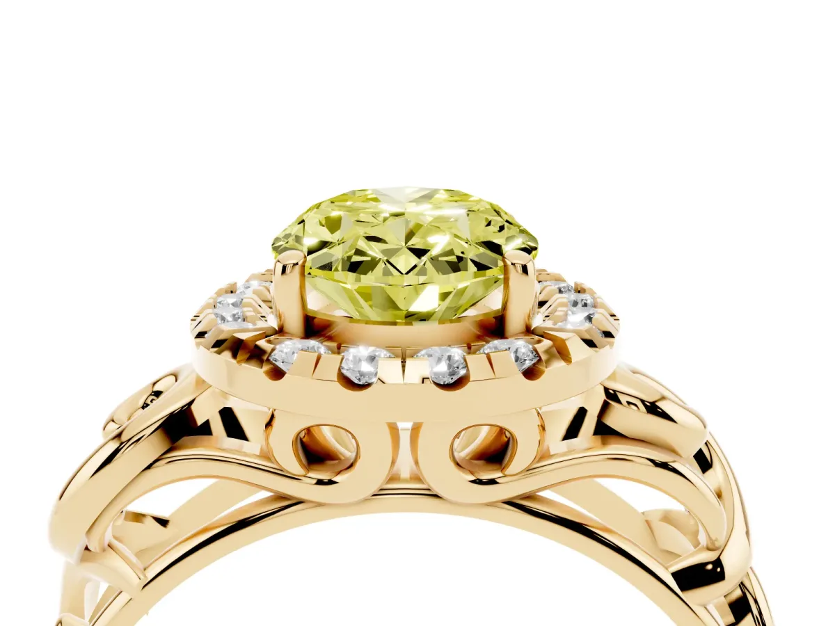 Fancy Yellow Oval Cut Cut Halo Diamond Ring with Scrollwork Band and Four-Prong Setting Yellow gold
