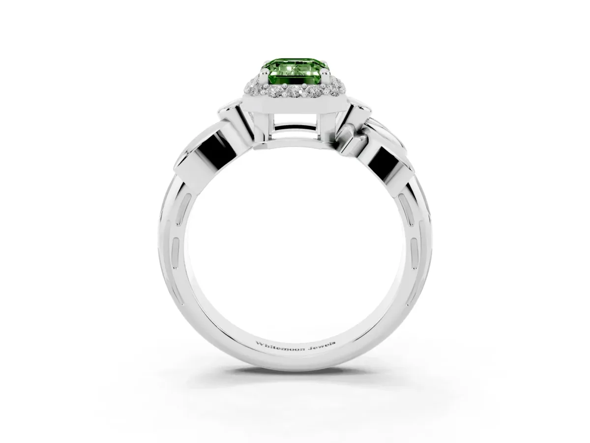 Fancy Green Emerald Cut Halo Diamond Floral Band with Four-Prong Setting Platinum
